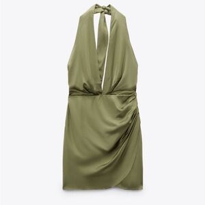 NWT Zara Satin Draped Halter Mini Dress Olive Green XS ✨💚